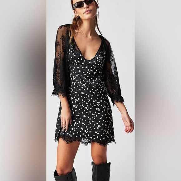 NWT Free People About That Mini Dress Silky Satin Black Lace Polka Dot Size S